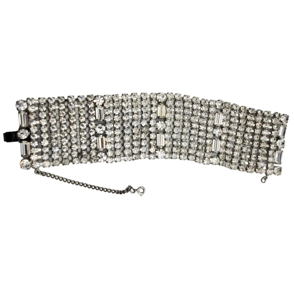 Wide Rhinestone Bracelet Silver Rhodium Plated Tennis Baguette Hollywood Glamour